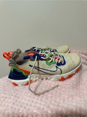 Nike Kids Beige Multicolor React-Style Sneakers with Blue Swoosh